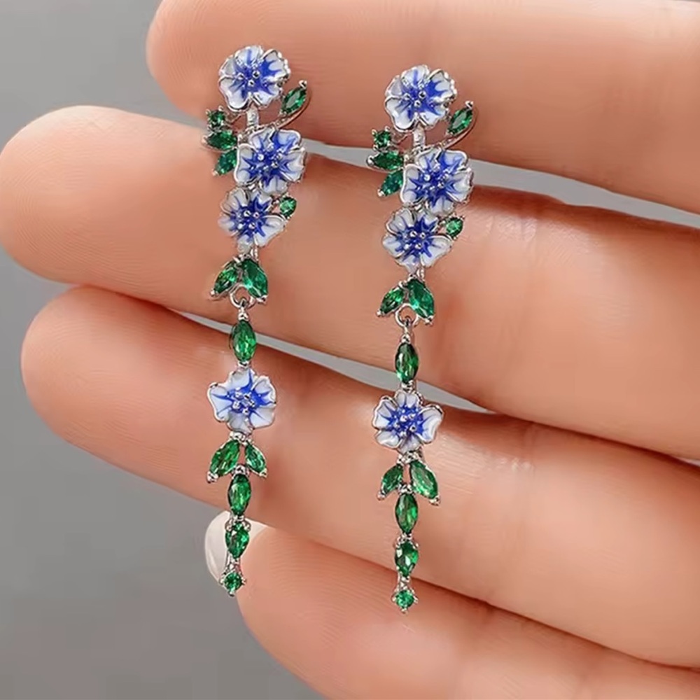 Blue Floral Dangle Earrings - Picture 3 of 9